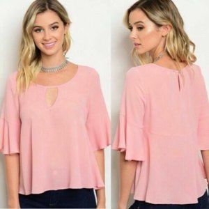 Pink Flowy Top Bell Sleeve Keyhole Scoop Neck M